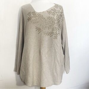 LIV Asymmetrical Oatmeal Color Embellished Long Sleeve Ribbed Sweater Top 2X